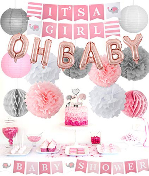 Baby Shower Decorations for Girl Elephant Style - Its A Girl Baby Shower Bunting Banner, Tissue Paper Decorations Pink and Gray, Elephant Cake Toppers