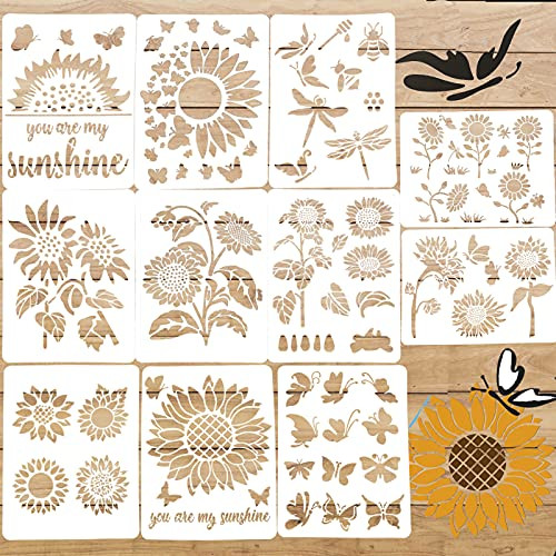 11 Pieces Sunflower Stencils Reusable Art Painting Templates for Scrapbooking Craft Home Decor Wall Floor Furniture Drawing Tracing DIY Art Supplies, About 11 and 8.2 Inch