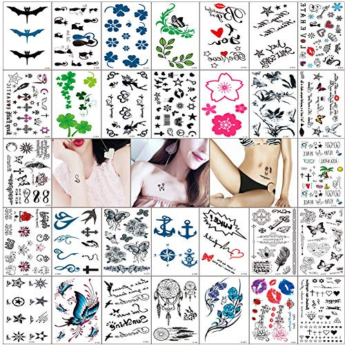 Small Temporary Tattoos for Women Realistic Tiny Tattoo Body Art Stickers Sexy Fake Tattoos Lips Leaf Flower Black Tattoo Waterproof Temp Tattoos Stickers -30 Sheets-