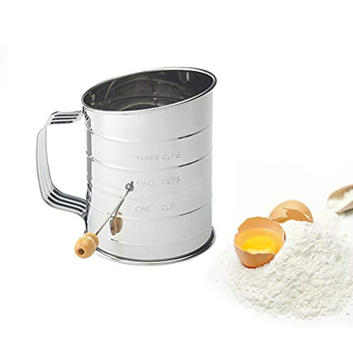 HEITIGN Flour Sieve Cup, Stainless Steel Flour Sifter with Measuring Scale Hand-held Flour Filter, Semi-automatic Shaker Sieve Cup Hand Crank Flour Sifter Baking Sieve Cup Baking Tool