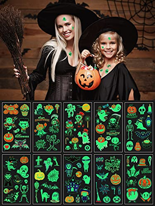 10 Sheet Halloween Tattoos for Kids Glow in the Dark, TOROKOM Luminous Halloween Temporary Waterproof Tattoos Stickers Cute Cartoon, Trick or Treat Ghost Monster Pumpkin Skeletons, Ghosts, Pumpkins, Spiderwebs Tattoos