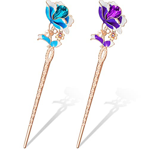 2 Pieces Chinese Hair Chopstick Rhinestone Flower Hair Stick Flower Hair Pin Hair Clip Metal Hair Stick Vintage Hair Pin Chignon Pin Long Hair Decor Accessories for Women Girls, 2 Colors 2 Pieces Chinese Hair Chopstick Rhinestone Flower Hair Stick Flower Hair Pin Hair Clip Metal Hair Stick Vintage Hair Pin Chignon Pin Long Hair Decor Accessories for Women Girls, 2 Colors