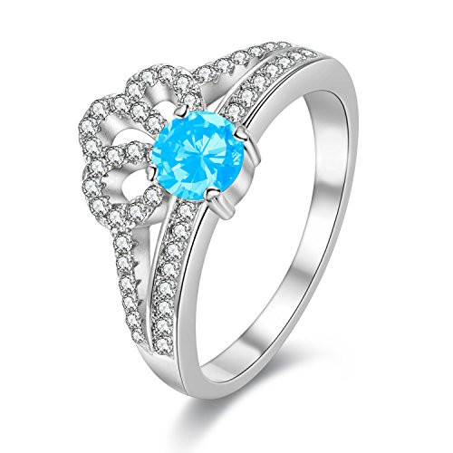 Uloveido Women's White Gold Plated Diamond Cut Round Cubic Zirconia Exquisite Princess Crown Promise Wedding Rings -Blue, Size 6- Y2735