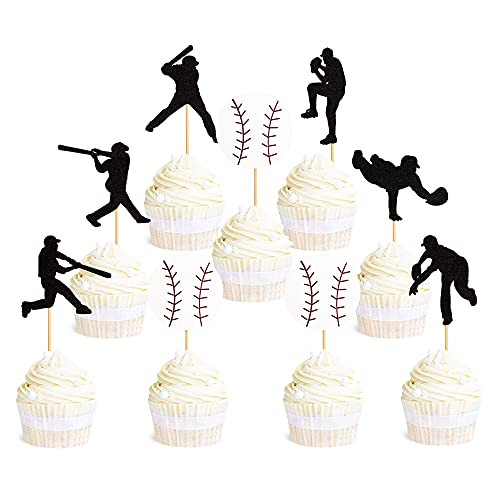 Ercadio 36 Pack Baseball Cupcake Toppers Glitter Sport Theme Ball Player Cupcake Picks Baseball Theme Baby Shower Kids Birthday Party Cake Decorations Supplies