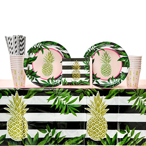Cedar Crate Market Bundle: Pineapple Wedding Party Supplies Pack for 16 Guests: Straws, Dinner Plates, Luncheon Napkins, Table Cover, and Cups