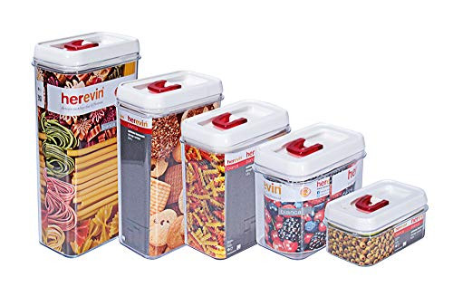 Kitchen Containers Airtight Food Storage Container Set - 5 Piece Set in Gift Box- Durable Plastic - BPA Free - Clear Plastic with White Lids - by CMB Goods