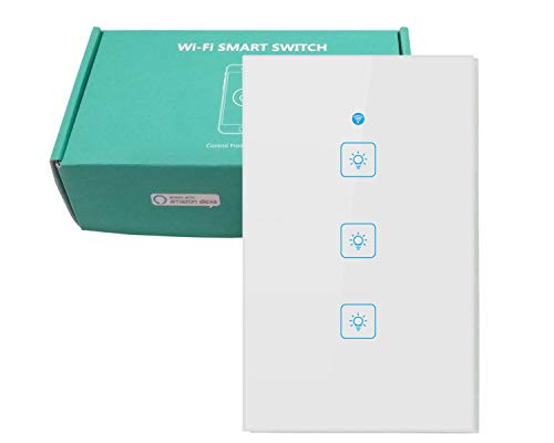 WiFi Smart Light Switch Wall Touch Glass Panel Wireless Remote Control by Mobile APP Anywhere Compatible with Alexa and Google Assistant, No Hub Required (3 Switches in 1 Gang)