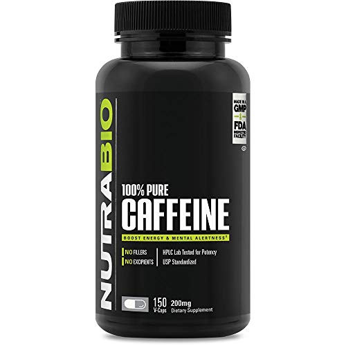 NutraBio - Caffeine Pills - 100 percent Pure Caffeine Anhydrous - Energy Support - Increase Focus - 150 Capsules, 200mg