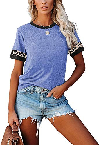 Jawint Women's Leopard Print Color Block T Shirts Casual Short Sleeve Crew Neck Tees Tunics Tops Sky Blue