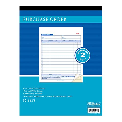 BAZIC Purchase Order Book, 50 Sets 8 3/8" x 10 11/16" 2-Part Carbonless, White  and  Canary, Bound Wraparound Cover -50 Sets/Pack-, 1-Pack