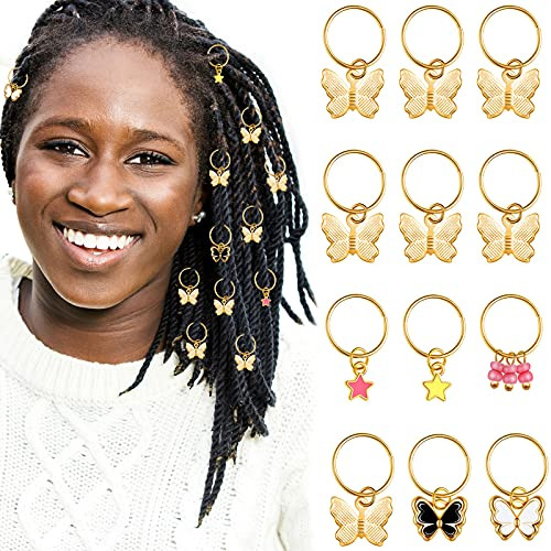 12 Pieces Braided Hair Rings Clips Butterfly Hair Ring Golden Star Braid Clip Metal Hair Braid Rings Pendant Charms Gold Hair Braid Jewelry Rings Clips Dreadlock Hair Accessories for Women and Girls