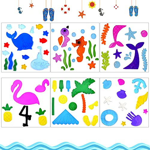 Summer Window Clings Stickers for Glass Windows Decor, Jelly Window Clings for Kids, Car Window Stickers Decals for Glass Doors Refrigerator, Window Decor for Party - 6 Sheets