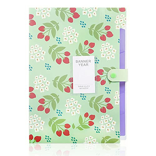 File Folder Floral Pattern Expandable File Folder Multi-Function with 5 Pocket Mezzanine File A4 Size Document Organizer Accordion Folder-Green-