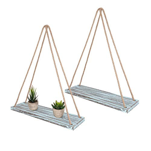 TIMEYARD Wall Hanging Shelf Set of 2 - Teal Blue Distressed Wood Jute Rope Floating Shelves, Farmhouse Organizer Rustic Home Décor