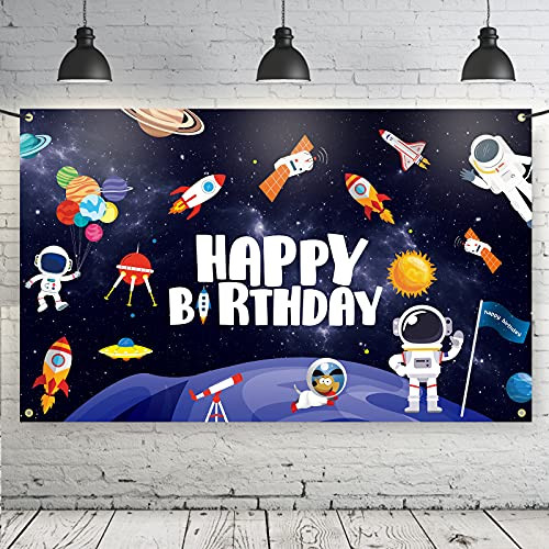Outer Space Happy Birthday Backdrop Banner Galaxy Planet Astronaut Rocket Photography Background Decoration Space Birthday Party Decorations Supplies for Boys Kids 73 x 45 Inches