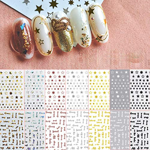 Nail Art Star Letter Stickers Decals,14 Large Sheets Star Nail Stickers 3D Self Adhesive Nail Decals Shiny Star Letter Decoration Decals Manicure Accessories for Women Girls DIY Nail Art Design