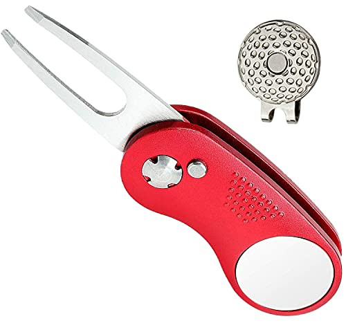 ETRUCTGINA Golf Divot Repair Tool Switchblade with Ball Marker Magnetic, Foldable Pop-up Button Stainless Steel Divot Tool -Red-
