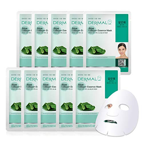 DERMAL Aloe Collagen Essence Facial Mask Sheet 23g Pack of 10 - Skin Revitalizing  and  Soothing, Refreshing and Moisturizing, Sunburn Relief, Daily Skin Treatment Solution Sheet Mask