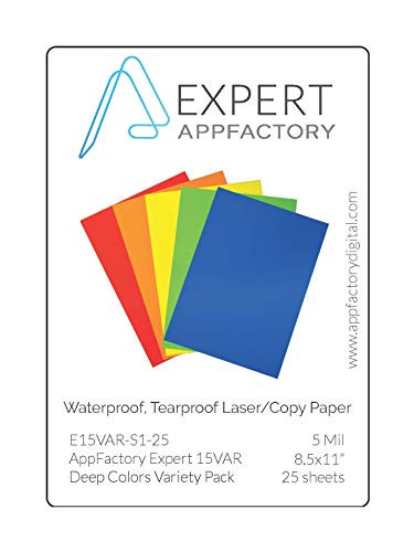 AppFactory EXPERT 5 Mil Deep Colors Variety Pack (Yellow, Blue, Red, Green and Orange) Waterproof Tearproof Laser/Copy Paper - 25 sheet pack (8.5x11)