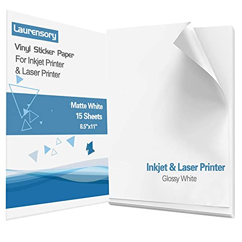 Printable Vinyl Sticker Paper - Matte White - Premium Waterproof Vinyl Sticker Paper for Inkjet Printer and Laser Printer - Decal Sheets Self-Adhesive Label Paper - 8.5"X11" -15 Sheets-