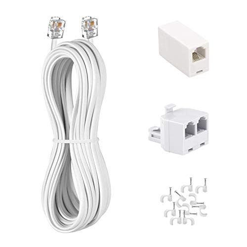 Phone Cord 25FT, Landline Telephone Cable with RJ11 Plug, Includes Telephone Inline Coupler RJ11 Splitter and 10pcs Cable Clips-White-