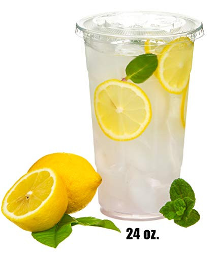 24 oz-100 Set Disposable Crystal Clear Plastic Cups with Flat Lids