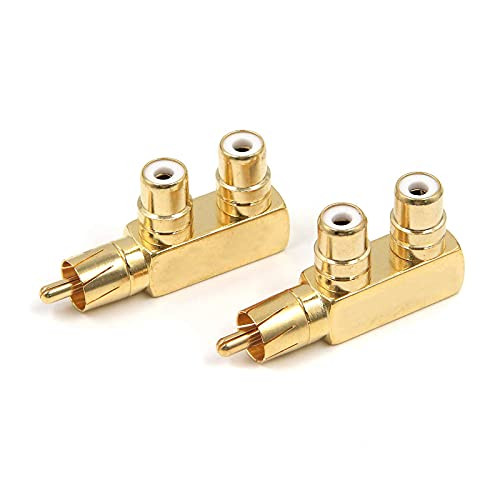 Semetall RCA Splitter Adapter 90 Degree Right Angle RCA Male to 2 RCA Female AV Splitter Adapter RCA Male to Female Audio Video Splitter Adapter Gold Plated Connector -2 Pack-