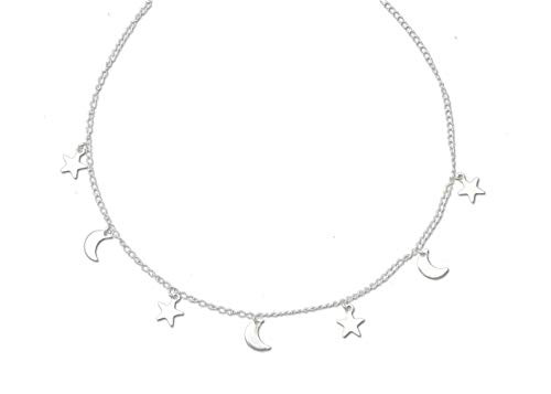 Star Moon Choker Charm Necklaces-Dainty Silver Star Moon Necklace for Women Girl Gift