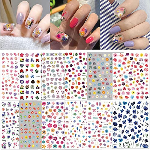12 Large Sheets Flower Nail Stickers for Acrylic Nails Decoration 3D Self Adhesive Nail Decals Spring Flower Nail Art Stickers for Nail Tips Designs for Women