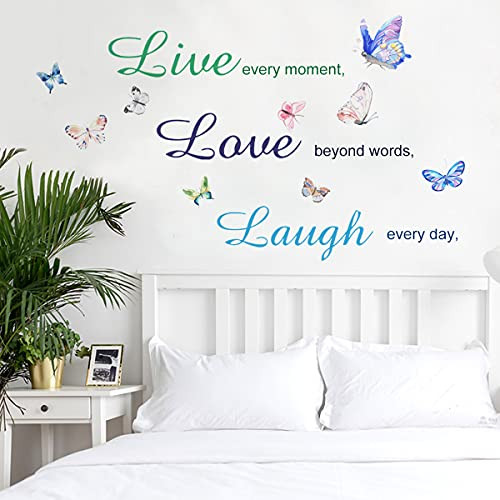 Motivational Proverbs Wall Stickers,Live Every Moment,Laugh Every Day,Love Beyond Words Wall Decals with Butterflies for Bedroom,Family Inspirational Sticker Quotes