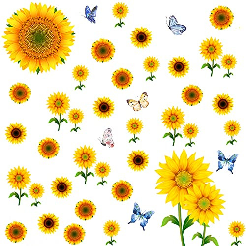 57 PCS Sunflower Wall Stickers with 3D Butterfly,Yellow Flower Wall Decals Waterproof Sunflower Decor Mural,Daisy Floral Stickers Removable Mural Wall Decals or Nursery Baby Kids Bedroom