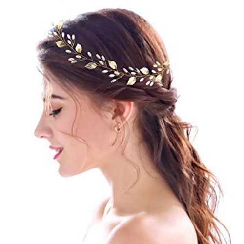 Catery Bride Wedding Headband Leaf Pearl Hair Vine Bridal Hair Accessories for Women and Girls -Gold-