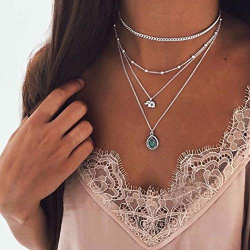 Edary Boho Layered Necklace Beaded Necklaces Silver Elephant Pendant Jewelry for Women and Girls-Style 6- Edary Boho Layered Necklace Beaded Necklaces Silver Elephant Pendant Jewelry for Women and Girls-Style 6-
