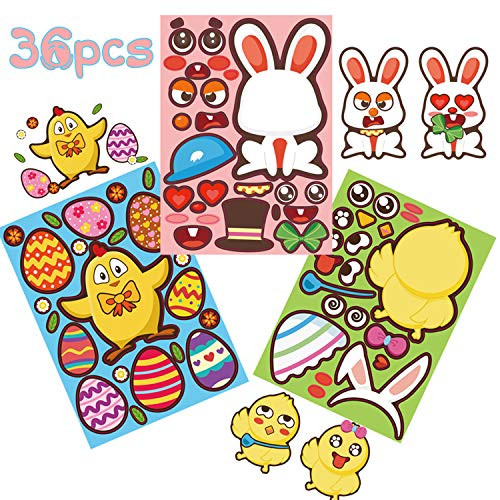 36Pack Easter Stickers, DIY Make a face Sticker Sheets - Include Easter Eggs, Bunnies, Chicks, Easter Party Favors for Kids, Easter Goody Bags Fillers Gift