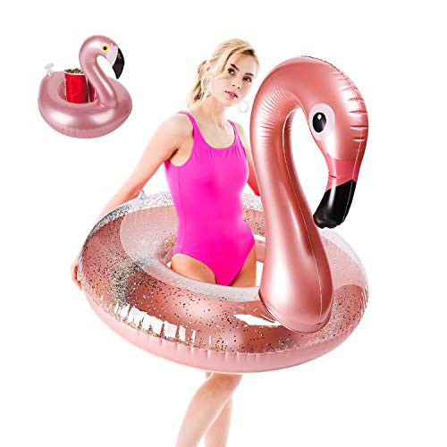Grobro7 Giant Inflatable Flamingo Pool Float Elegant Vinyl Swimming Floaty Pool Toy with Glitters Party Tube Outdoor Water Lounge Inflatable Raft with Flamingo Pool Drink Holder for Adults (L)
