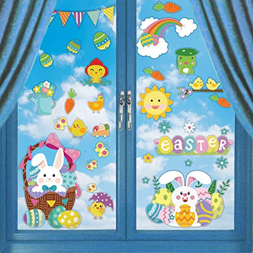 LOKIPA Easter Window Stickers, 6 Sheet Easter Bunny Window Clings Decorations for Easter Window Display