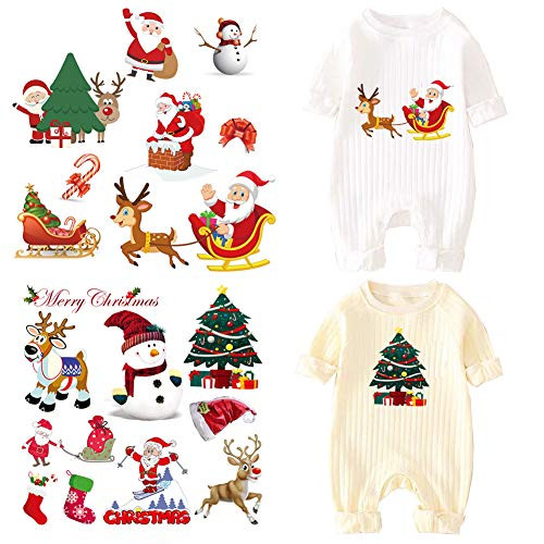 Christmas Patches Heat Transfer Iron on Appliques for Elk Santa Claus Snowman Decorations Sticker with T-Shirt Jackets Sweatshirt Jeans Coats Washable Decor Design 2 Sheets Xmas Party Favor