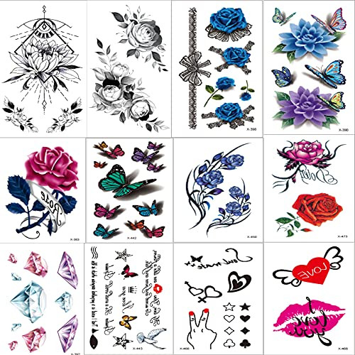 Flowers Temporary Tattoos for Women Girls OHOME 12 Sheets Roses, Butterflies Body Art Fake Tattoos Stickers Fashion Diamond 3D Fake Tattoos Waterproof Flowers Temporary Tattoos for Women Girls OHOME 12 Sheets Roses, Butterflies Body Art Fake Tattoos Stickers Fashion Diamond 3D Fake Tattoos Waterproof