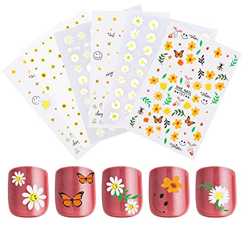 6 Sheets Daisy Nail Art Stickers Self-Adhesive 3D Nail Sticker Floral Sticker Sheets Flower Nail Decals Nail Decorations for Nails Supply DIY Art for Nails Design Manicure Tips Women Girls Kids