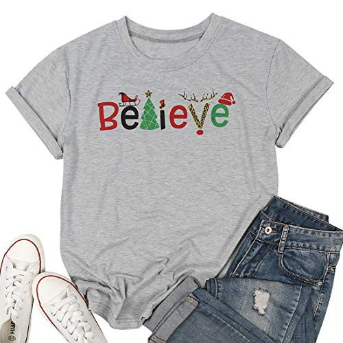 NANYUAYA Believe Women Christmas Tree Cute Shirt Letter Printing Short Sleeve Funny Saying T-Shirt Tees Tops -Grey, L-