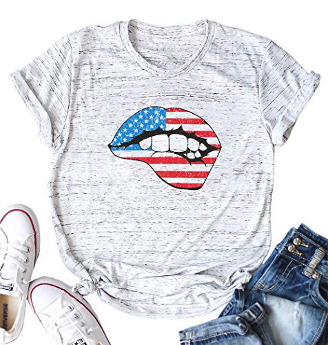 July 4th Shirt Women America Flag Lips T-Shirt Cute Summer Short Sleeve Graphic Tees Tops White