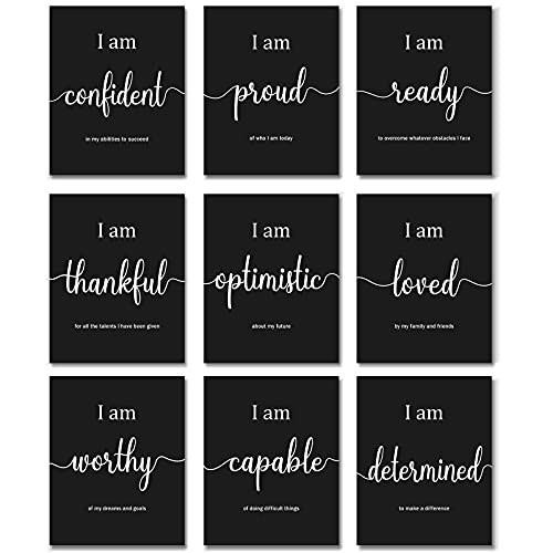 9 Pieces Inspirational Motivational Wall Art Office Bedroom Wall Art, Daily Positive Affirmations for Men Women Kids Inspirational Posters Inspirational Positive Quotes Sayings Wall Decor -Black-