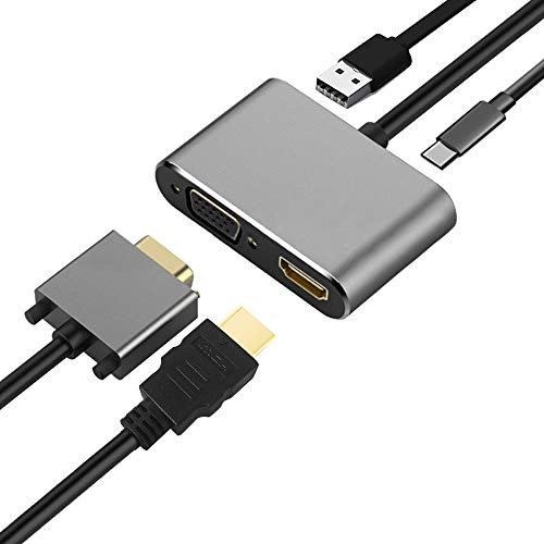USB C to HDMI VGA Adapter, Type C 4 in 1 USB Hub with USB 3.1 Quick Charging Port, USB 3.0, VGA & HDMI 4K UHD Output