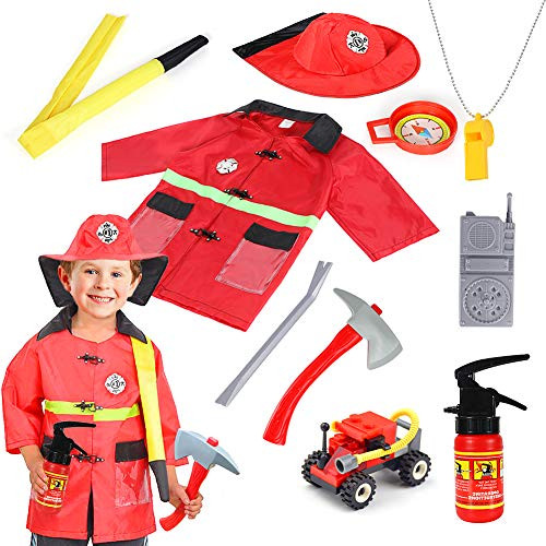 Kids Fire Chief Role Play Costume Fireman Dress Up Set Pretend Role Play Firefighter Toy for 3 4 5 6 7 8 Years Old Toddlers Boys Girls Red