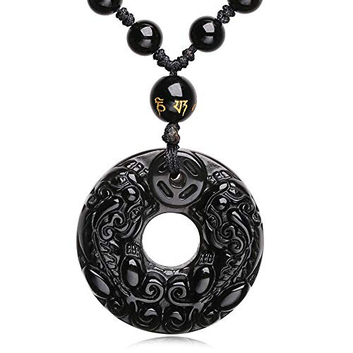 Mson Obsidian Pendant Necklace Obsidian Crystal Pendant Necklace Pattern with Extend Bead Chain for Men or Women -Pi Yao/Pi Xiu-