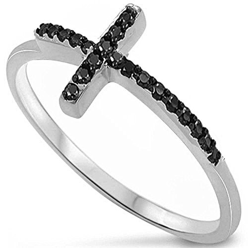CloseoutWarehouse Black Cubic Zirconia Saint John Sideway Cross Ring Sterling Silver Size 7