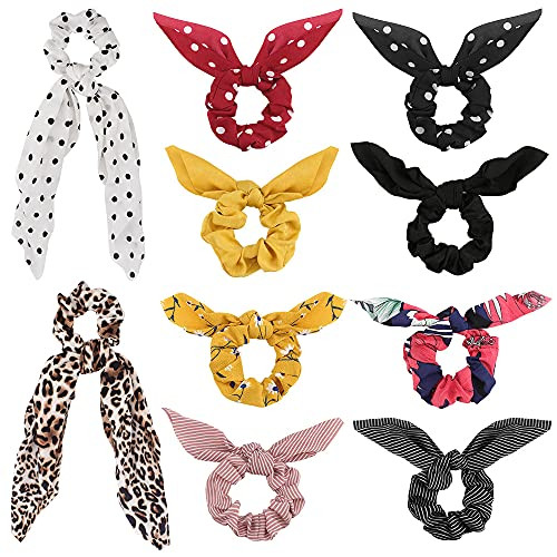 10 Pcs Hair Scarf Scrunchies, Bow Scrunchies for Hair, Chiffon Floral Scrunchie Elastic Hair Bands Silk Satin Scarf Hair Scrunchies for Women Girls Hair Ties Ponytail Holder Hair Accessories