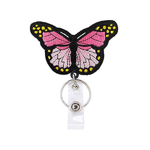 Reeleer Pink Butterfly Badge Reels Retractable, with Alligator Clip and Key Ring, 24 inches Thick Pull Cord