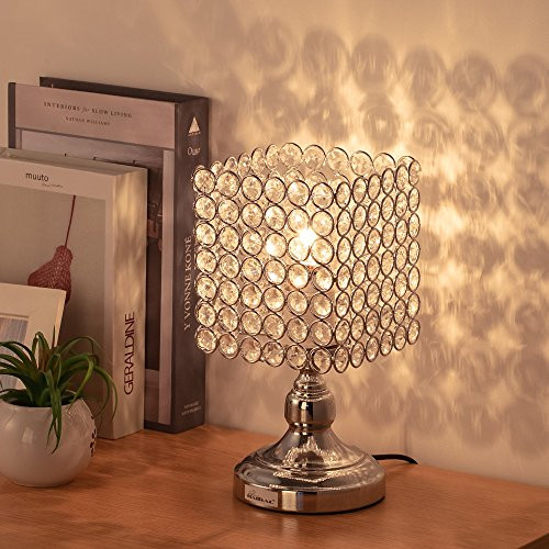 HAITRAL Bedside Table Lamps - Square Crystal Night Lamp with Unique Lampshade Silver Desk Lamps for Living Room, Bedroom, Dining Room, Dresser, Office, Kitchen (HT-BD027)
