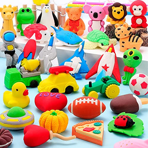 Hekaty 30 PCS Animal Erasers Puzzle Pencil Erasers 3D Mini Erasers Puzzle Erasers Classroom Reward Food Space Sport Vehicle Take Apart Erasers Desk Pets Game Prizes Treasure Box Party Favors for Kids